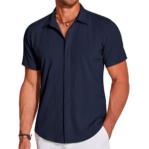 COOFANDY Men's Casual Short Sleeve Button Down Summer Beach Shirt Lightweight Textured Wrinkle Free Stretch Shirts - 1 of 4