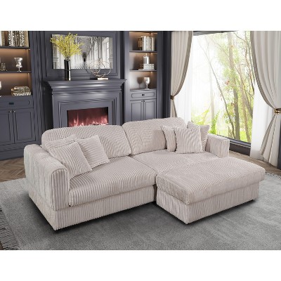 105 Inch White Cloud Sectional Sofa with L Shaped Sleeper Ottoman and 6 Pillows