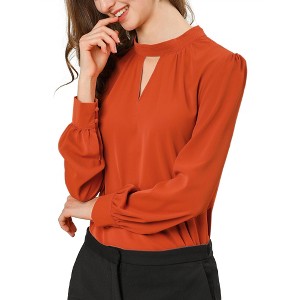 INSPIRE CHIC Women's Office Keyhole Elegant Stand Collar Long Sleeve Back Neck Button Blouse - 1 of 4