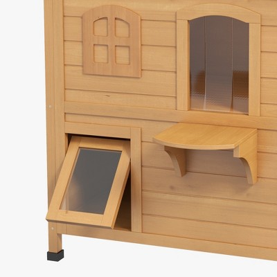 Natural Wood 2-Story Outdoor Cat House with Platforms
