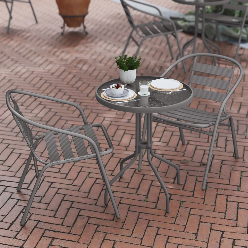Flash Furniture Lila 23.75'' Round Glass Metal Table with 2 Metal Aluminum Slat Stack Chairs, 5 of 13