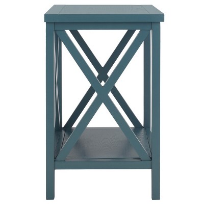 Transitional Teal Wood and Stone Rectangular End Table