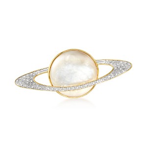 Ross-Simons Mother-Of-Pearl and .20 ct. t.w. Diamond Planet Pin in 18kt Yellow Gold Over Sterling Silver - 1 of 4