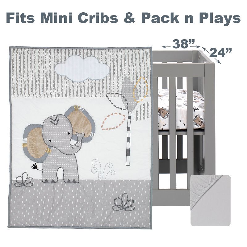 Lambs & Ivy Jungle Safari Elephant 3-Piece Mini Crib Bedding Set - Gray/White, 2 of 9