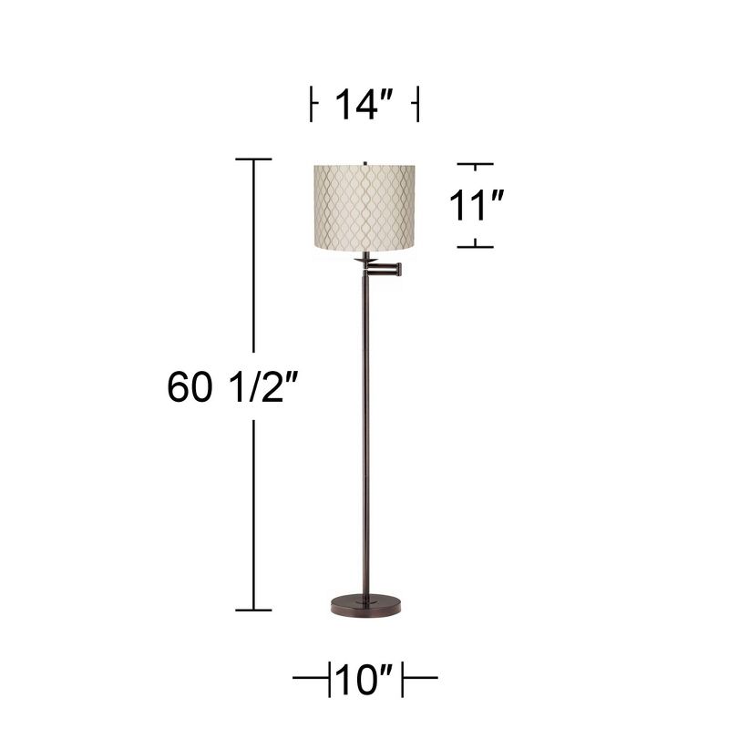 Regency Hill Swing Arm Floor Lamp 60.5" Tall Bronze Embroidered Hourglass Off White Fabric Drum Shade for Living Room Reading Bedroom, 3 of 4
