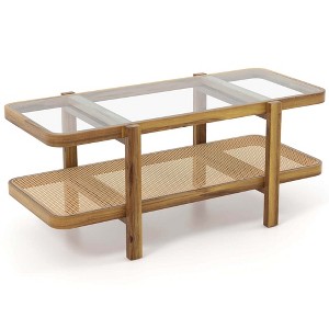 Costway 2-Tier Rustic Coffee Table with Storage Tempered Glass Tabletop PE Rattan Shelf - 1 of 4