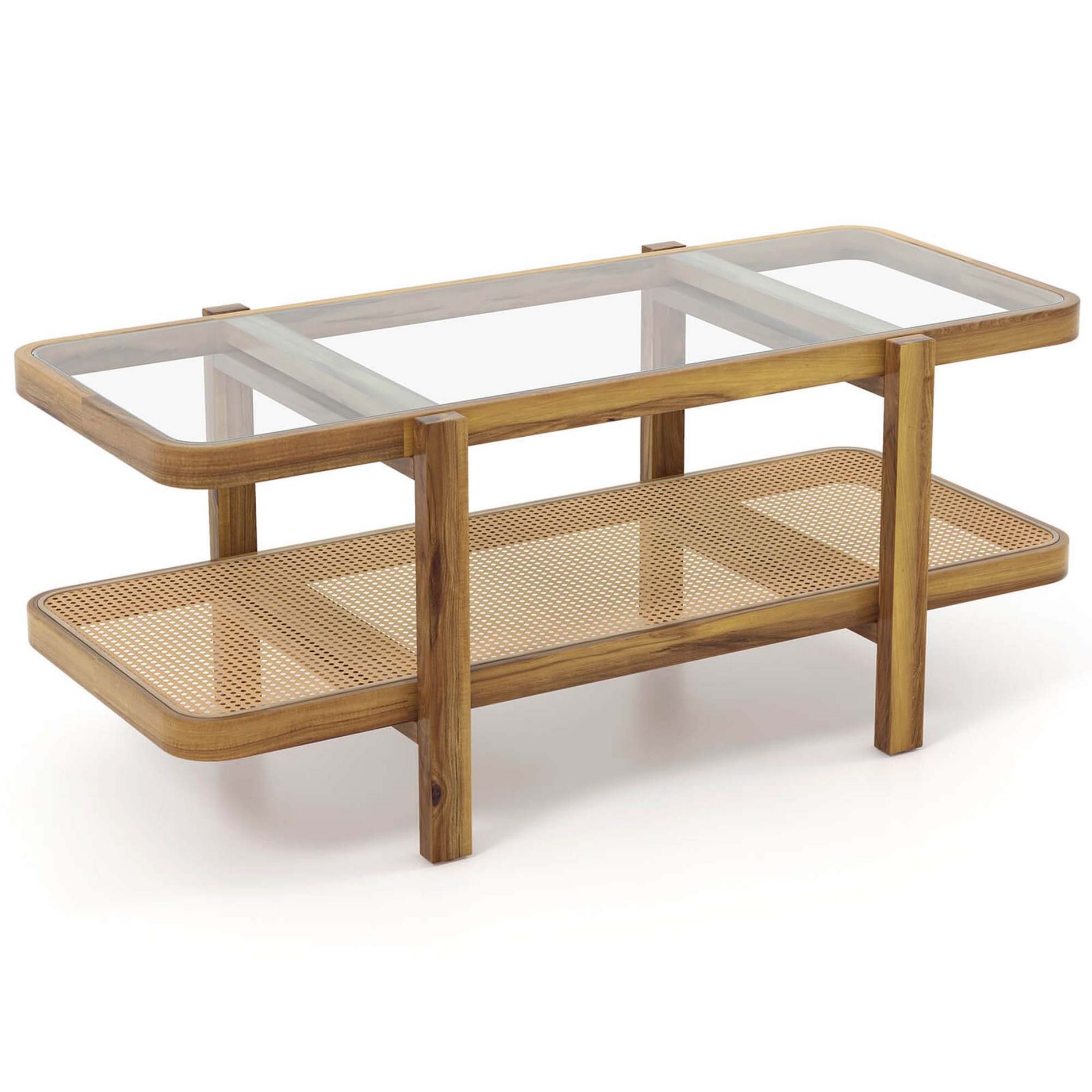 Costway 2-Tier Rustic Coffee Table with Storage Tempered Glass Tabletop PE Rattan Shelf