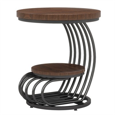 COWLOWN Round End Table with 2-Tier Storage, Wood & Arc Metal Frame, Side Table for Bedroom or Living Room