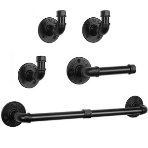 Itopfox 5 Piece Industrial Pipe Bathroom Hardware Set with 18 inch Towel Bar Toilet Paper Holder 3 Hooks Heavy Duty Black - 1 of 4