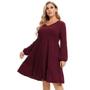plus Size V-Neck Multi-Layered Ruffle Long Sleeve Dress - 1 of 1