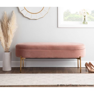 LumiSource 48" Chloe Storage Bench Velvet/Metal Gold/Blush Pink: Elegant Ottoman for Bedroom, Entryway Seating with Metal Frame