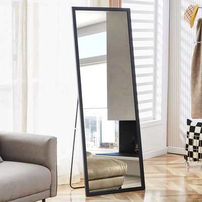 LOVMOR 65"x22.8" Modern Full Length Mirror with Stand, Wooden Frame Full Body Mirror, Free Standing or Wall-Mounted for Living Room, Bedroom, Black