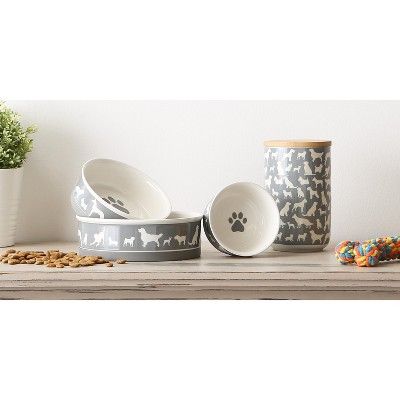 Gray Ceramic Pet Bowls with Non-Skid Silicone Base, Set of 2