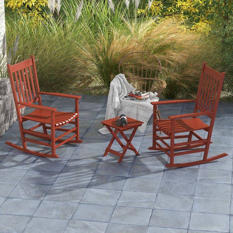 Outsunny Wooden Rocking Chair Set, Curved Armrests, High Back, Slatted Top Table Outdoor Rocker Set, Red, 3 of 7