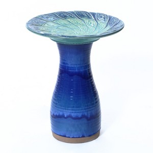 LuxenHome 20" Elegant Tall Ceramic Bird Bath for Outside with Leaf Pattern, Deep Cobalt Blue - 1 of 4