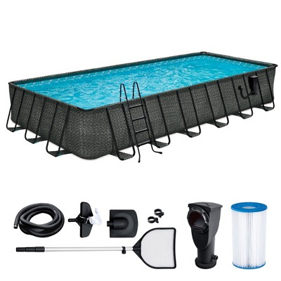 Funsicle Oasis Rectangular Outdoor Above Ground Swimming Pool Set with Filter Pump, Type C Cartridge Filter and SureStep Ladder, Gray