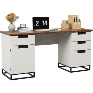 59" Farmhouse Executive Desk, Home Office Desk with File Drawer and Storage Cabinet, Wooden Computer Table with 3 Drawers - 1 of 4