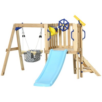 Natural Wooden Outdoor Playset with Swing, Slide, and Fort