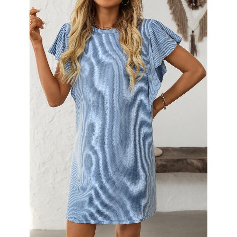 Женские платья YesFashion Womens Mini Dress Crew Neck Ruched Sleeve Striped Tee Shirt Dress Summer Fashion Casual Tshirt Dress Sky Blue M