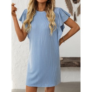 Womens Mini Dress Crew Neck Ruched Sleeve Striped Tee Shirt Dress Summer Fashion Casual Tshirt Dress - 1 of 4