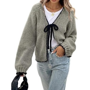 Women's Casual Knit Cardigan Front Tie Bell Long Sleeves Open Front Lightweight Sweater Cardigan - 1 of 4