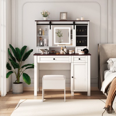 SKRAN Farmhouse Makeup Vanity, 41.73" Wide Vanity Desk, Vanity Table with 4 Drawers and 1 Cabinet, 3 Color Modes, Dressing Table for Bedroom