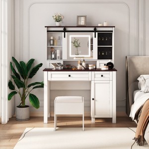 SKRAN Farmhouse Makeup Vanity, 41.73" Wide Vanity Desk, Vanity Table with 4 Drawers and 1 Cabinet, 3 Color Modes, Dressing Table for Bedroom - 1 of 4
