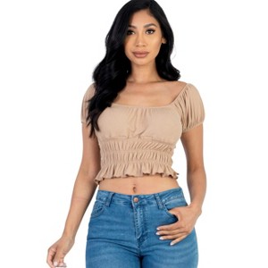 Slickblue Women's Ribbed Knit Puff Sleeve Top, Ruched Shoulder Detail, Short Sleeve Tee, Multiple Colors, Size S-L - 1 of 4