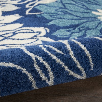 Navy and Ivory Round Floral Synthetic Area Rug, 8 ft