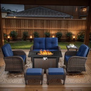 Belord 43" Propane Fire Pit Table Set Patio Furniture Set with Glider Loveseat, Brown Wicker Deep Seating Patio Swivel Rocker Glider Chairs - 1 of 4