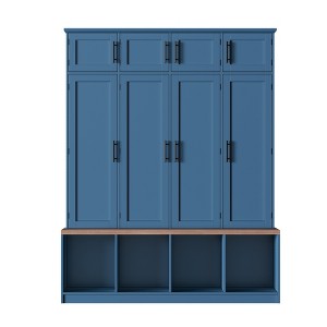 TiramisuBest Farmhouse Hall Tree with 4 Hooks, Walnut Seating Bench & 8-Door Storage, Entryway Shoe Cabinet with Open Compartments for Living, Blue - 1 of 4