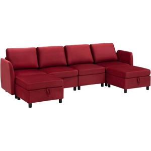Sectional Couches for Living Room, Modular Sofa Set with Storage and Ottoman, Mid Century Modern Upholstered Sectional Sofa with Armrests, Red - 1 of 4