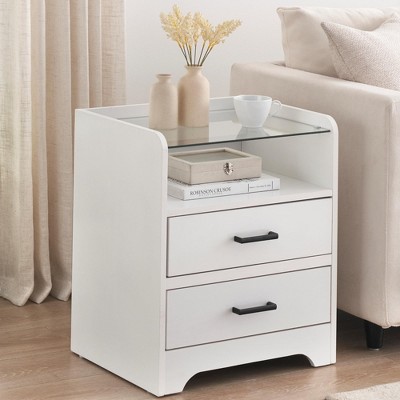 LED Night Stand with 2 Drawers, Smart End Side Table with LED Lights and Glass Top, Modern Bedside Table with Open Storage