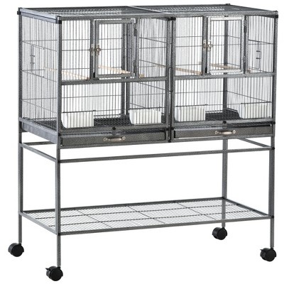 PawHut Double Rolling Metal Bird Cage with Removable Metal Tray, Storage Shelf, Wood Perch, and Food Container