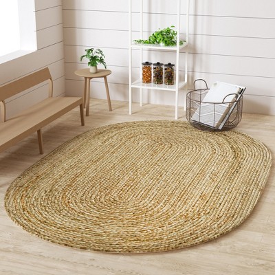 Maxax Jute Hand Braided Zigzag Stitch Natural Fibers Farmhouse Style Area Rug For Dining Room Living Room Kitchen, Off White/Natural