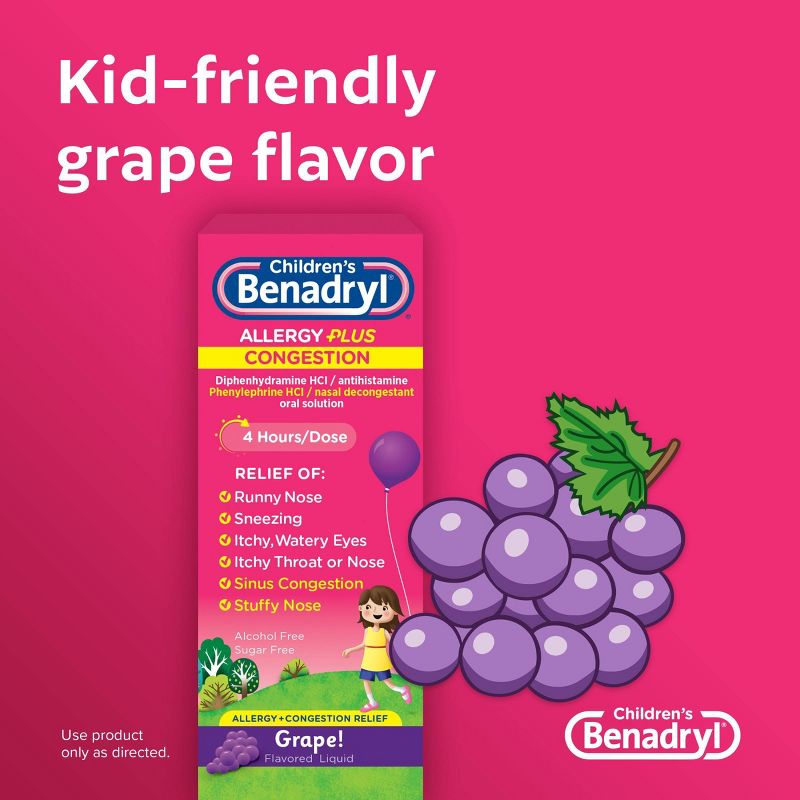Children&#39;s Benadryl Allergy Plus Congestion Relief Liquid - Grape - 4 fl oz, 6 of 10