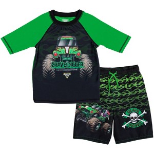 Monster Jam Grave Digger El Toro Loco Megalodon Monster Truck UPF 50+ Pullover Rash Guard and Swim Trunks Outfit Set Little Kid to Big Kid - 1 of 4