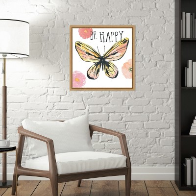 Be Happy Pastel Yellow and Pink Butterfly Canvas Print with Brown Frame