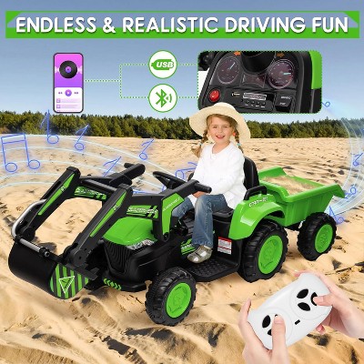 Red 12V 3 in 1 Kids Ride On Excavator Tractor With Detachable Trailer Remote Control Led Lights  Music And Safety Features Red