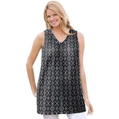 Woman Within Plus Size Perfect Printed Sleeveless Shirred V-Neck Tunic