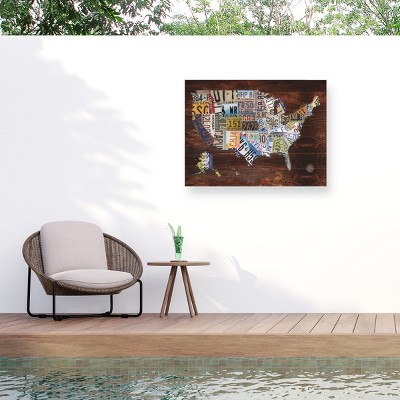 "USA License Plate Map on  Wood" Outdoor Canvas