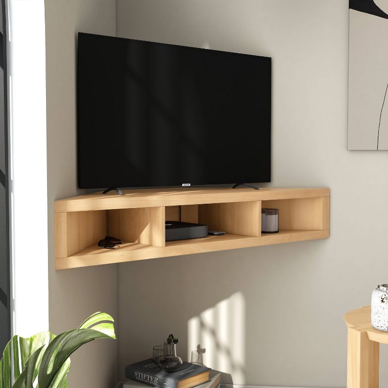 HOMES: Inside + Out Tybo Open Shelves Corner Floating Console Fits TV Stand for TVs up to 50&#34; Gingko Maple, 3 of 12