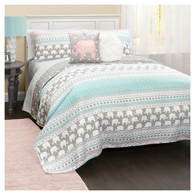 Twin 4pc Elephant Striped Quilt and Sham Set Turquoise/Pink - Lush Décor