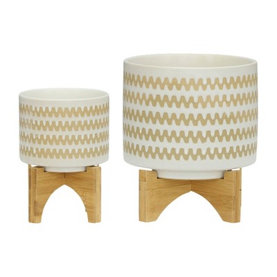 Sagebrook Home 8" Wide 2pc Zig Zag Planters with Stand White: Ceramic Outdoor Planter Set, No Drainage, Freestanding