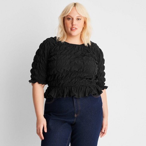 Women's Elbow Sleeve Ruffle Textured Top - Future Collective™ With Reese  Blutstein Black 1x : Target