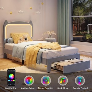 Bed Frame with LED Lights & Cat Headboard, Velvet Upholstered Platform Bed, No Box Spring Needed, App/Remote Control - 1 of 4