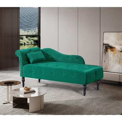Beautyolove 60.6" Velvet Chaise Lounge Buttons Tufted Nailhead Trimmed Solid Wood Legs with 1 Pillow,Green