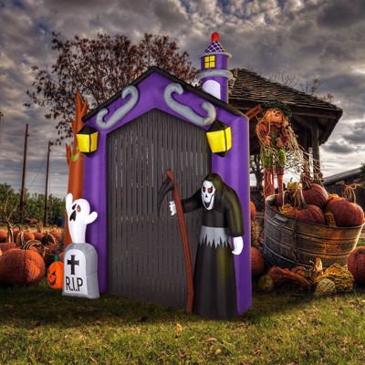 Angel Sar 9.8 FT Halloween Inflatable Haunted House Archway with Grim Reaper & Ghost, LED Light-Up Outdoor Decor for Yard, Garden, or Party