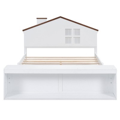 GustoWave 87.5'' x 60'' Bed Frame with Storage Headboard & LED Lights, Wood House Bed with Footboard, No Box Spring Needed (White)