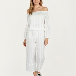 Anna-Kaci Lounge Women's 2-Piece Set Long Sleeve Gathered Neckline Top and Relaxed Fit Pants Pajama Set in Lightweight Fabric - 1 of 4